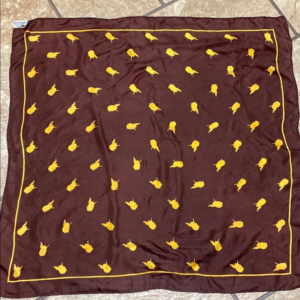 Vintage Brown Silk Blend Scarf with Yellow Accents Boho Spring Hippie Cottage